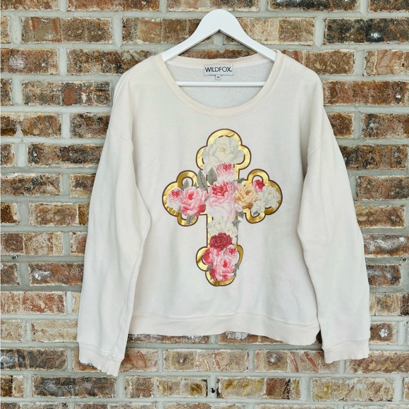 WILDFOX Floral Cross Graphic Long Sleeve Scoop Neck Sweatshirt Medium - Picture 1 of 6